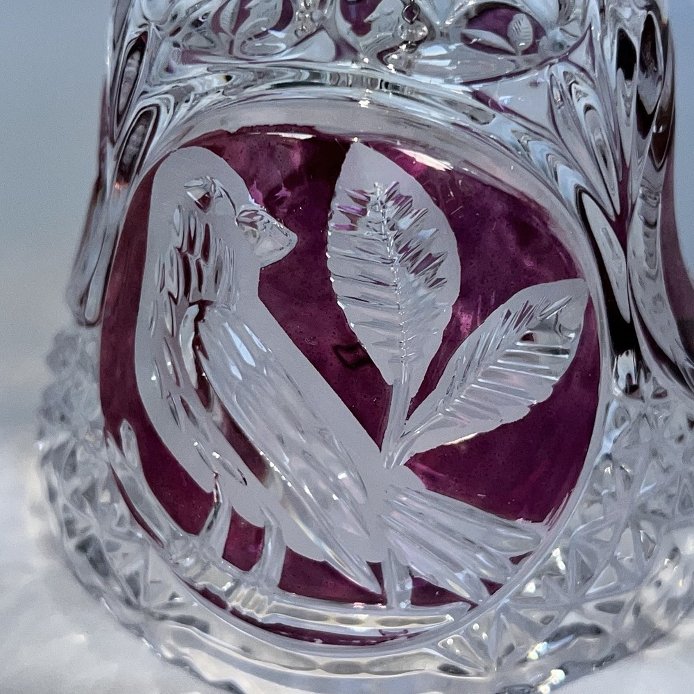 HOFBAUER 8" CLEAR & RUBY RED CUT CRYSTAL BELL BIRDS BYRDES PATTERN MCM W Germany